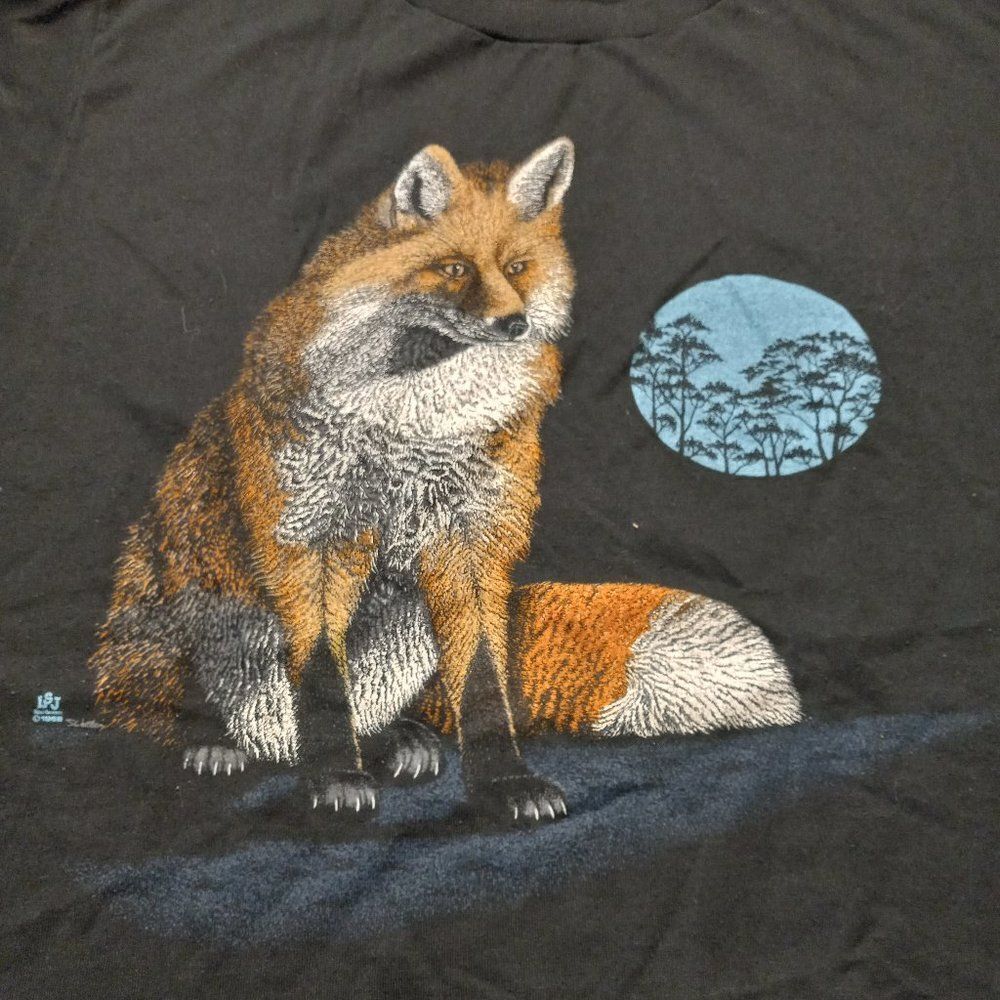 Vintage 1988 LSJ Design, Red Fox & Blue Moon graphic Single Stitched T-shirt